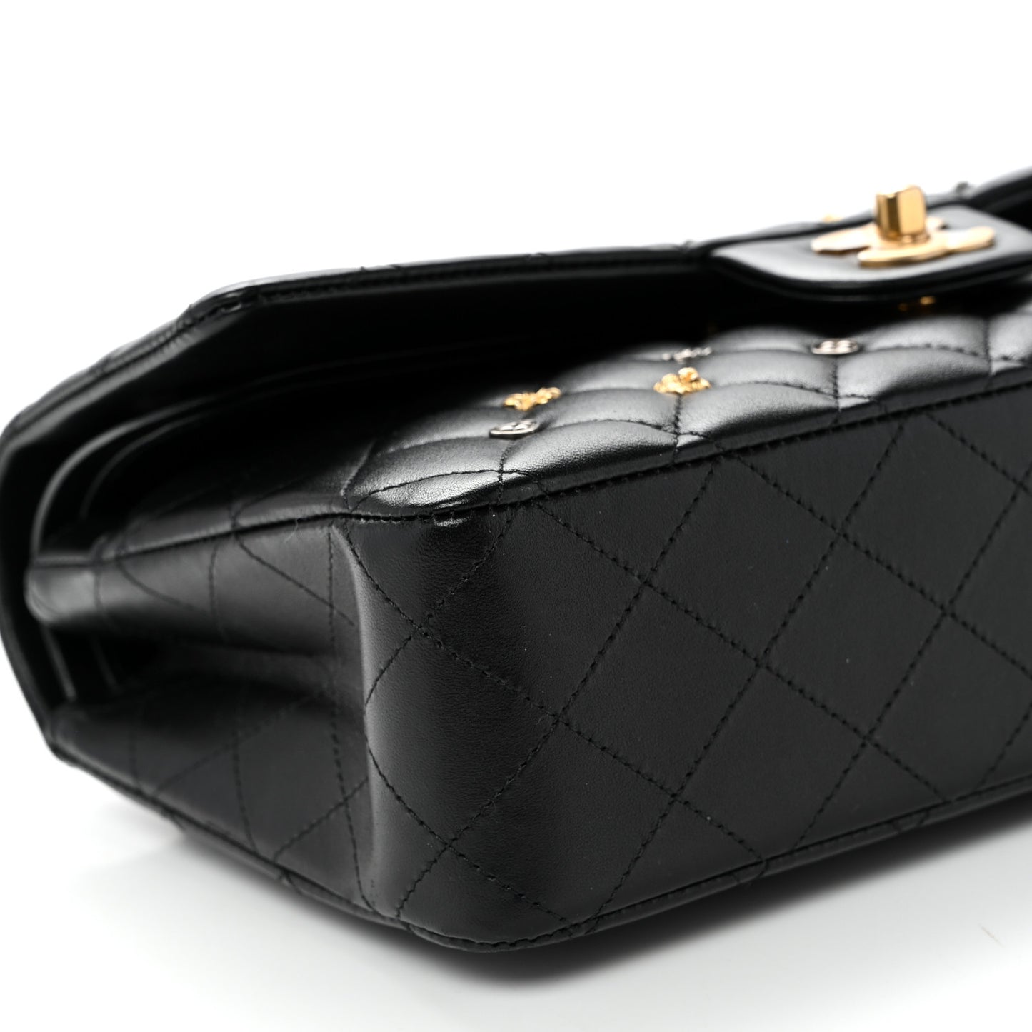 Lambskin Quilted Studded Medium Double Flap Black