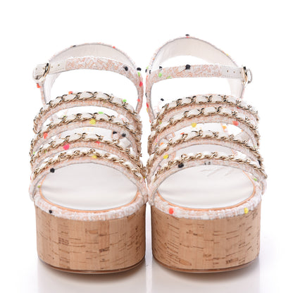 Chanel Tweed Chain Platform Sandals 39 Coral White 2 of 8