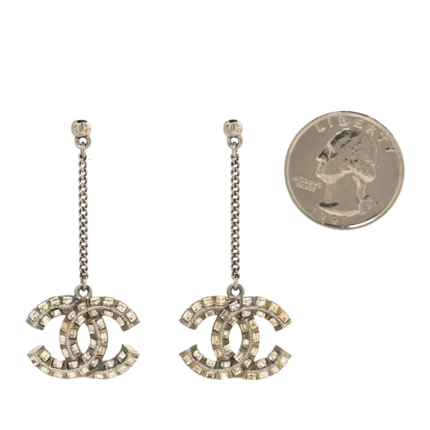 Chanel Baguette Crystal CC Drop Earrings Silver 2 of 5