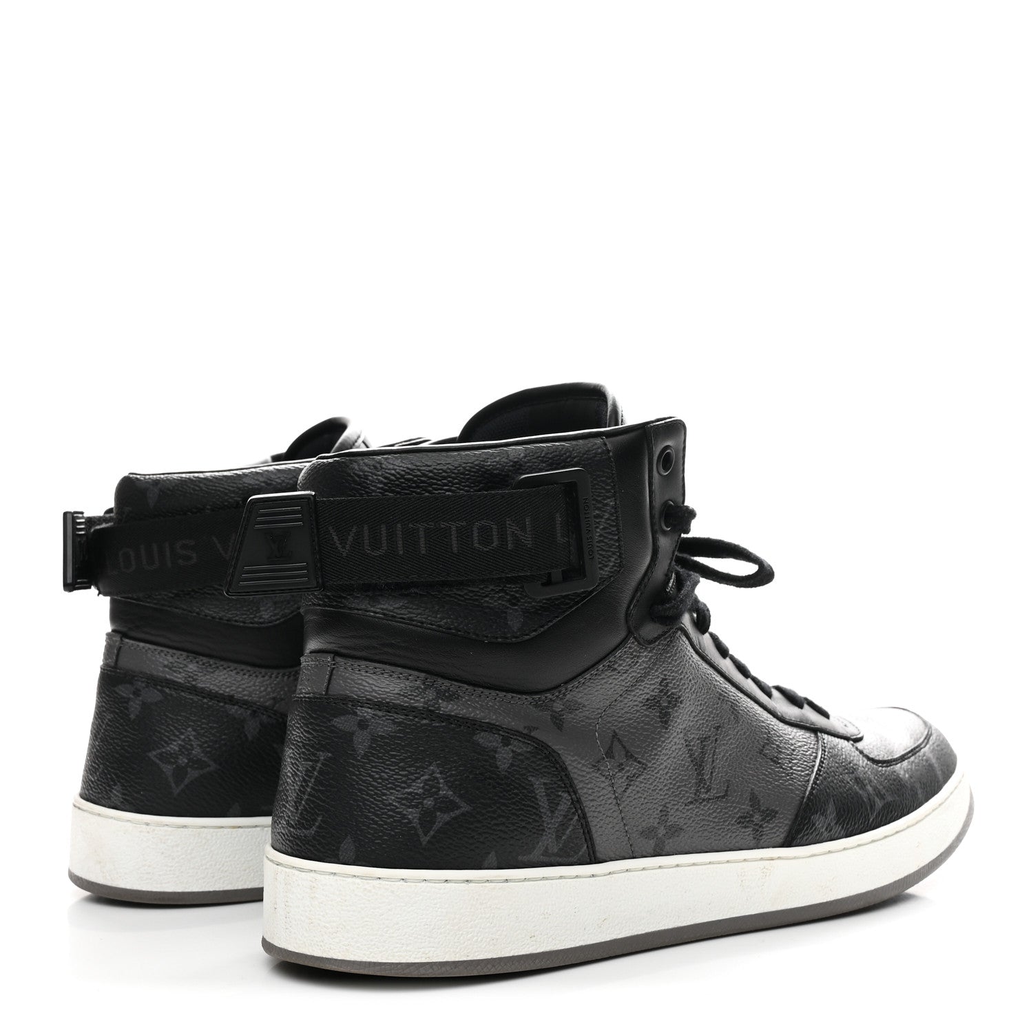 Louis Vuitton Calfskin Monogram Eclipse Mens Rivoli High Top Sneakers 10 Black Grey 5 of 9