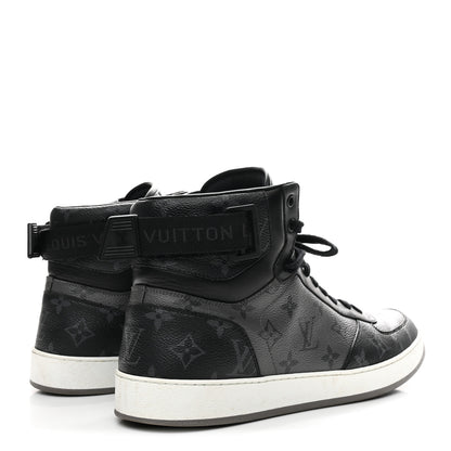 Louis Vuitton Calfskin Monogram Eclipse Mens Rivoli High Top Sneakers 10 Black Grey 5 of 9