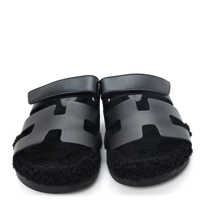 Hermes Calfskin Woolskin Womens Chypre Sandals 38 Black 3 of 10