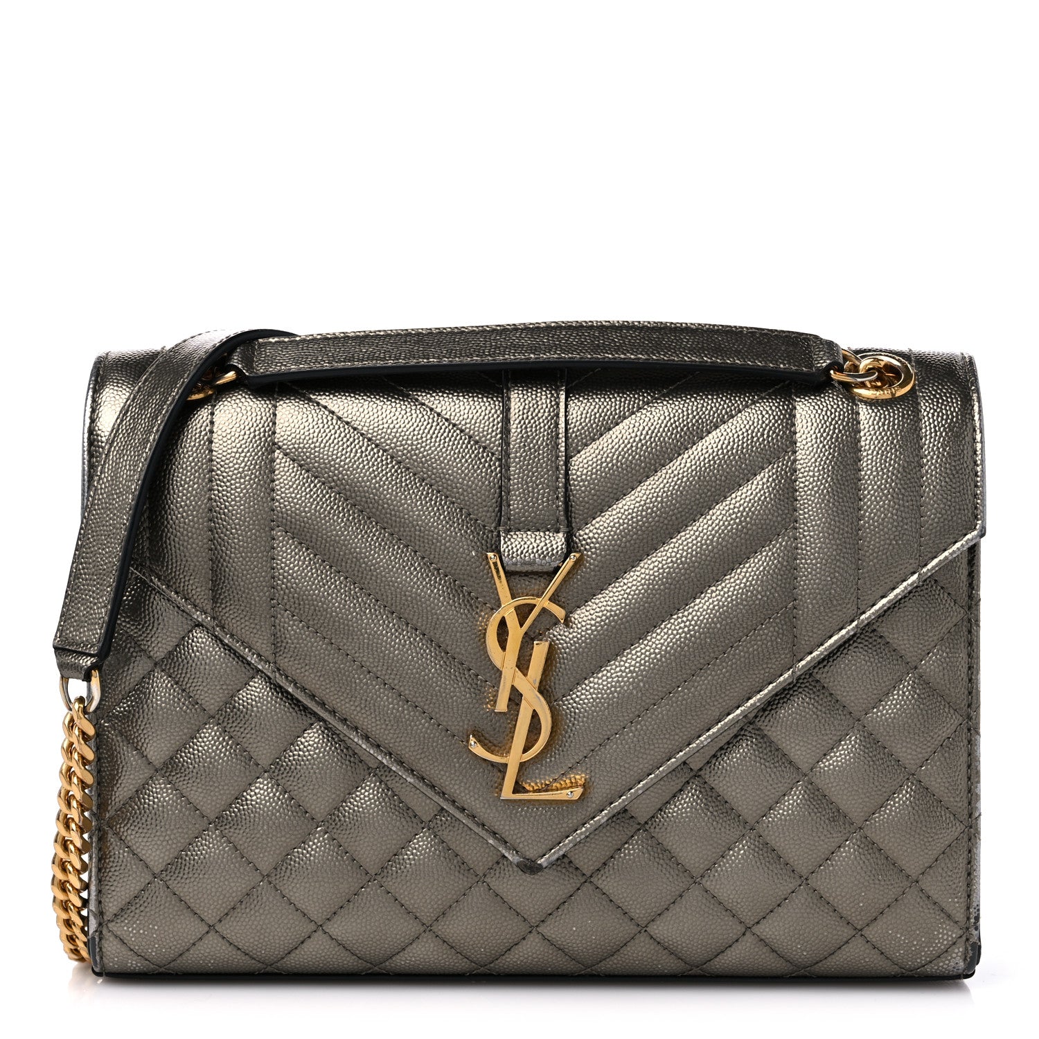 Saint Laurent Metallic Grain De Poudre Textured Mixed Matelasse Triquilt Medium Monogram Satchel Piombo 1 of 15