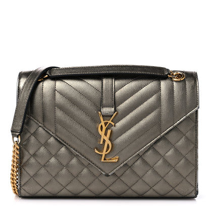 Saint Laurent Metallic Grain De Poudre Textured Mixed Matelasse Triquilt Medium Monogram Satchel Piombo 1 of 15