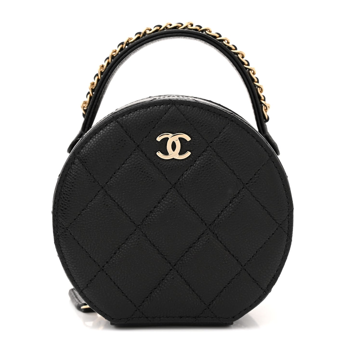 Caviar Quilted Round Top Handle Jewelry Case Black