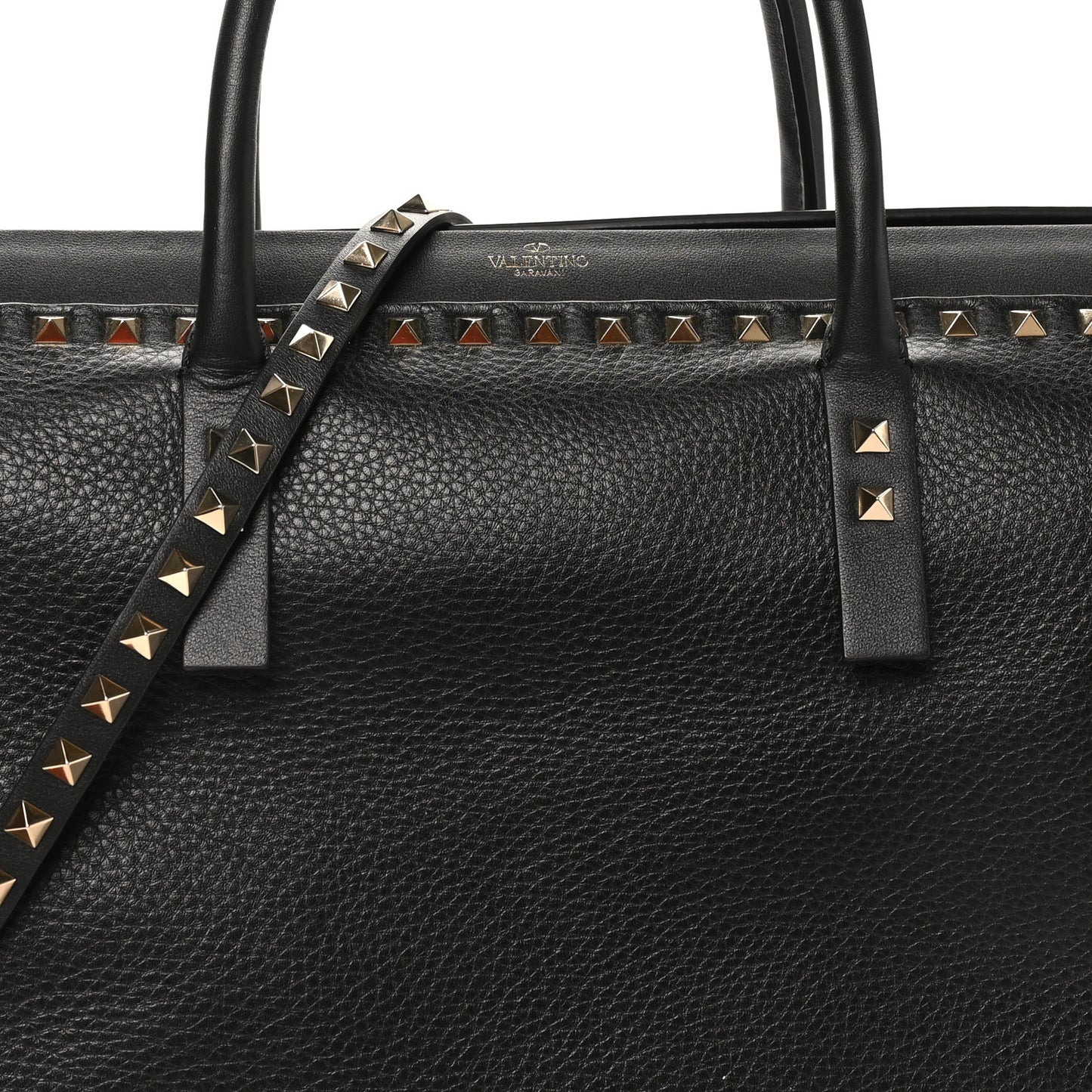 Grained Calfskin Rockstud Flip Lock Briefcase Tote  Black