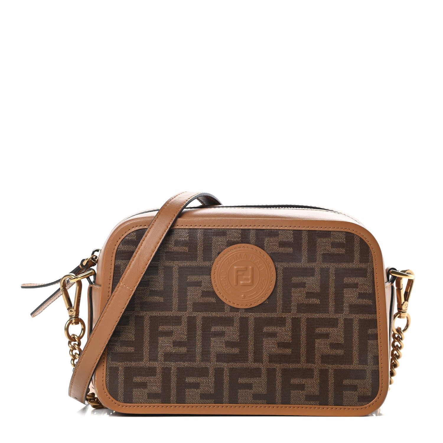 Fendi Glazed Fabric Vitello Century FF 1974 Stamp Patch Camera Case Mogano Panna Caramello 1 of 12