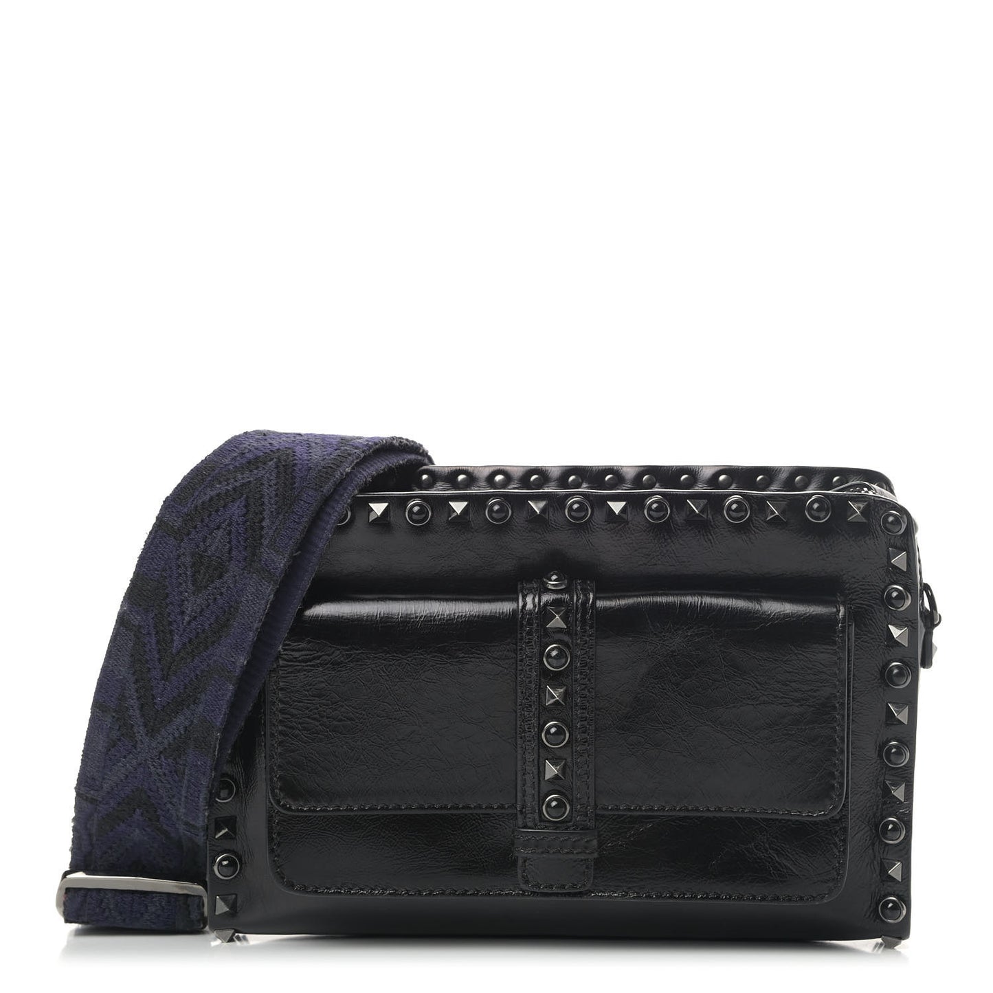Craquele Calfskin Small Guitar Strap Rockstud Rolling Flap Pocket Shoulder Bag Black