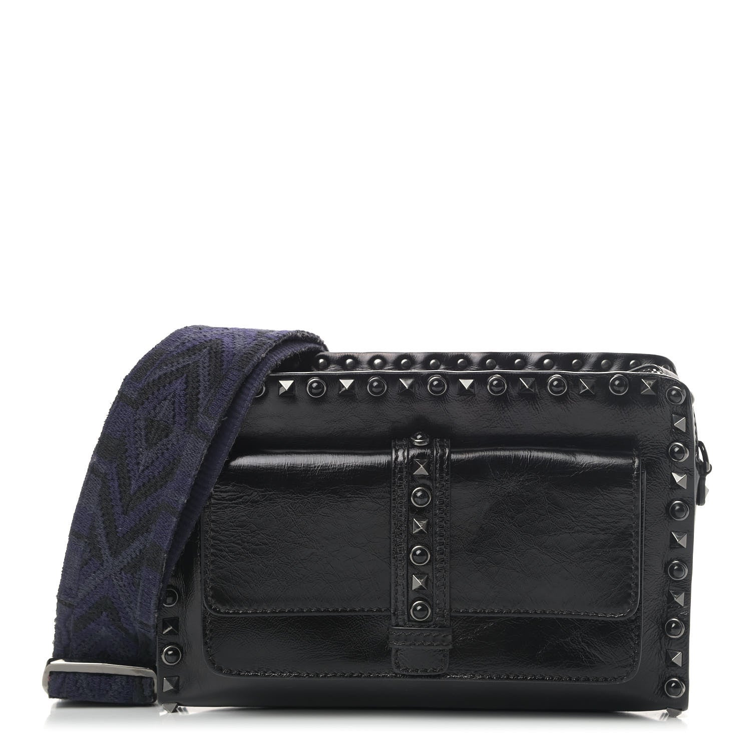 Valentino Garavani Craquele Calfskin Small Guitar Strap Rockstud Rolling Flap Pocket Shoulder Bag Black 1 of 6