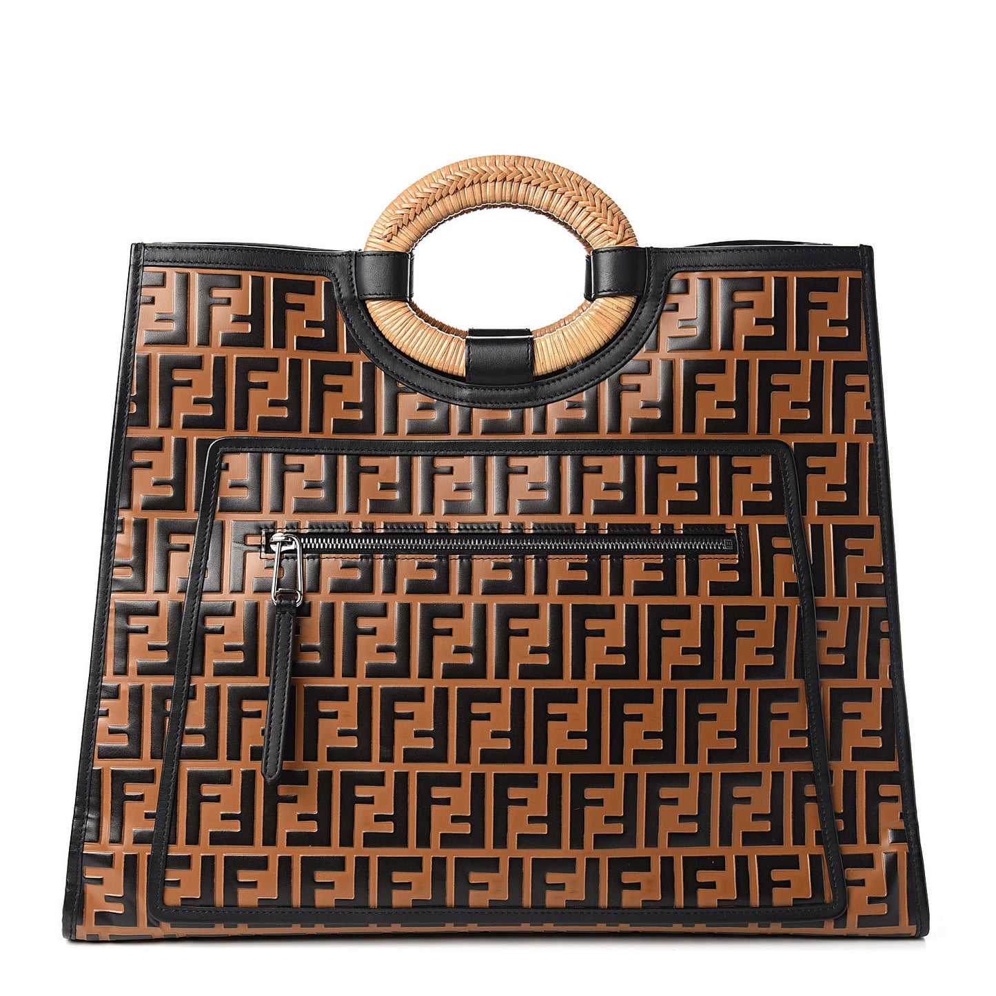 Vitello Century Wicker FF Embossed Large Runaway Shopper Tote Tobacco Black