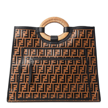 Fendi Vitello Century Wicker FF Embossed Large Runaway Shopper Tote Tobacco Black 1 of 10
