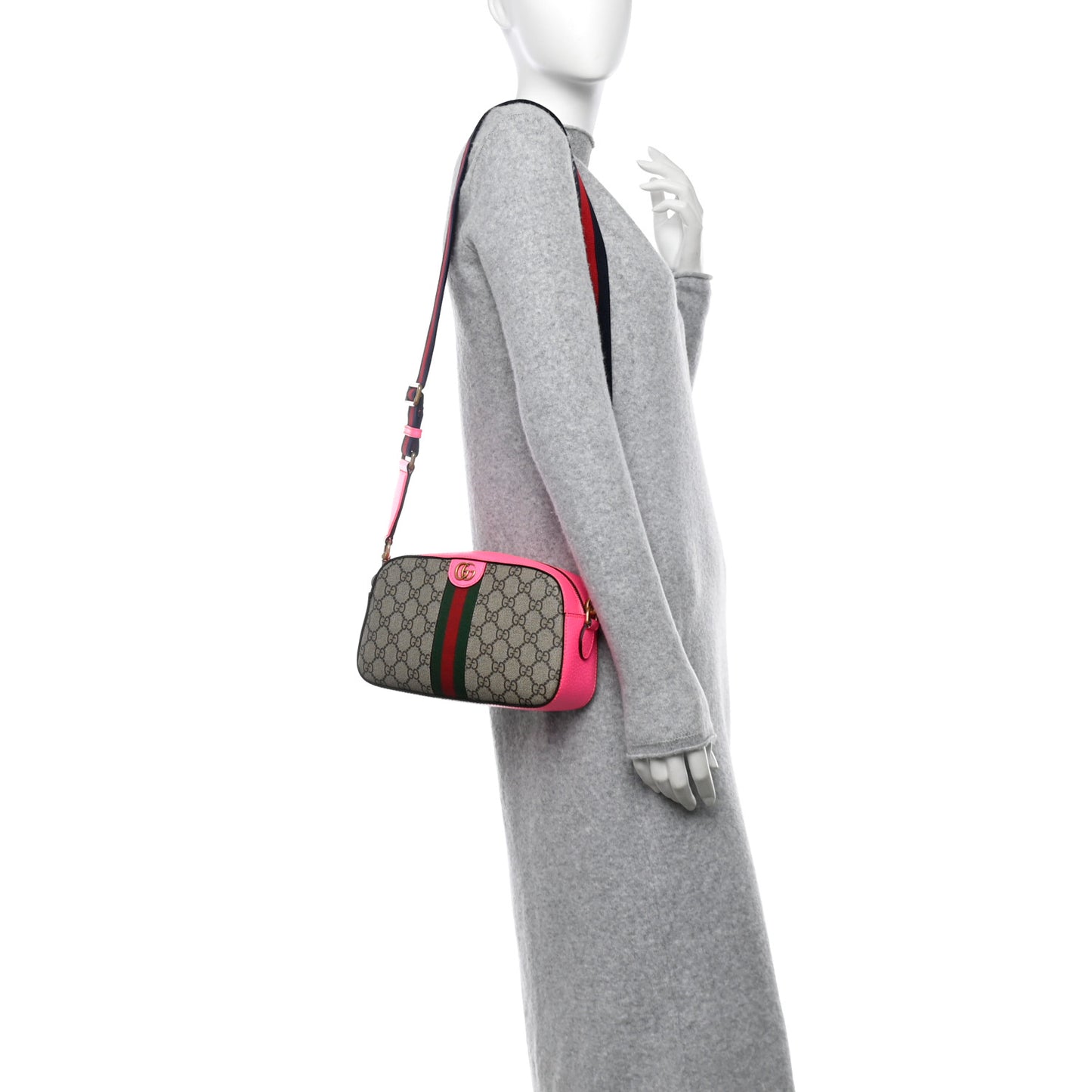 GG Supreme Monogram Textured Dollar Calfskin Web Ophidia Small Crossbody Bag Beige Ebony Fuchsia
