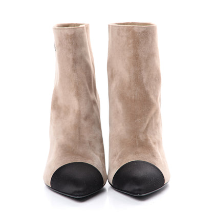 Chanel Suede Calfskin Satin Gabrielle Cap Toe Short Boots 39 Beige Black 2 of 9