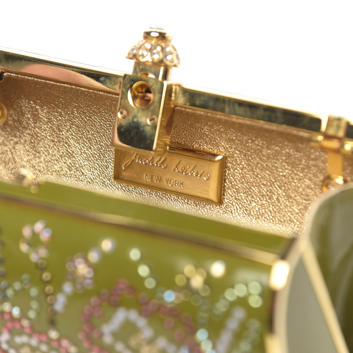 Judith Leiber Patent Crystal Clutch Green Gold 7 of 10