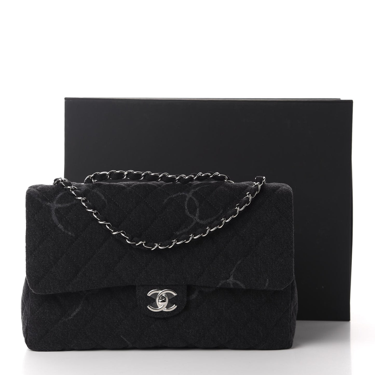 Denim Quilted CC Print Jumbo Single Flap Black