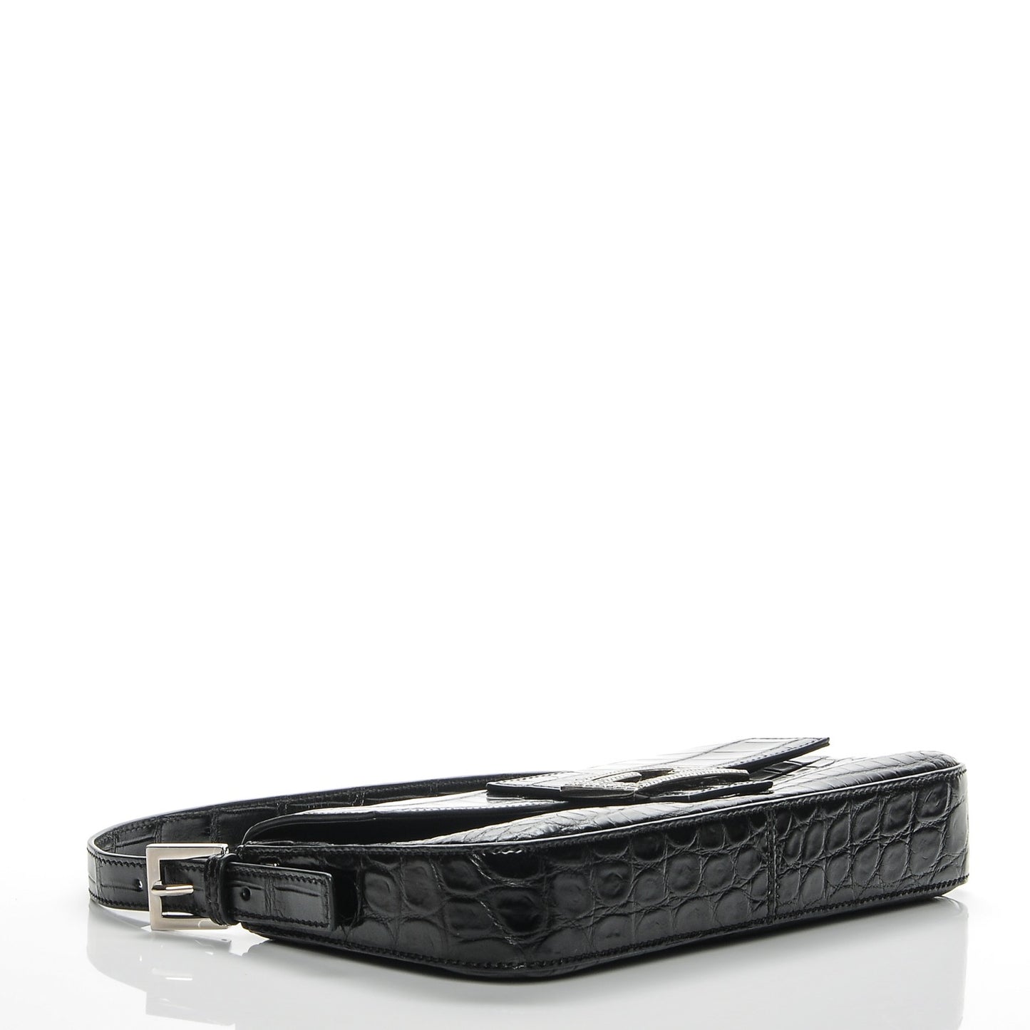 Calfskin Crocodile Embossed Crystal Baguette Black