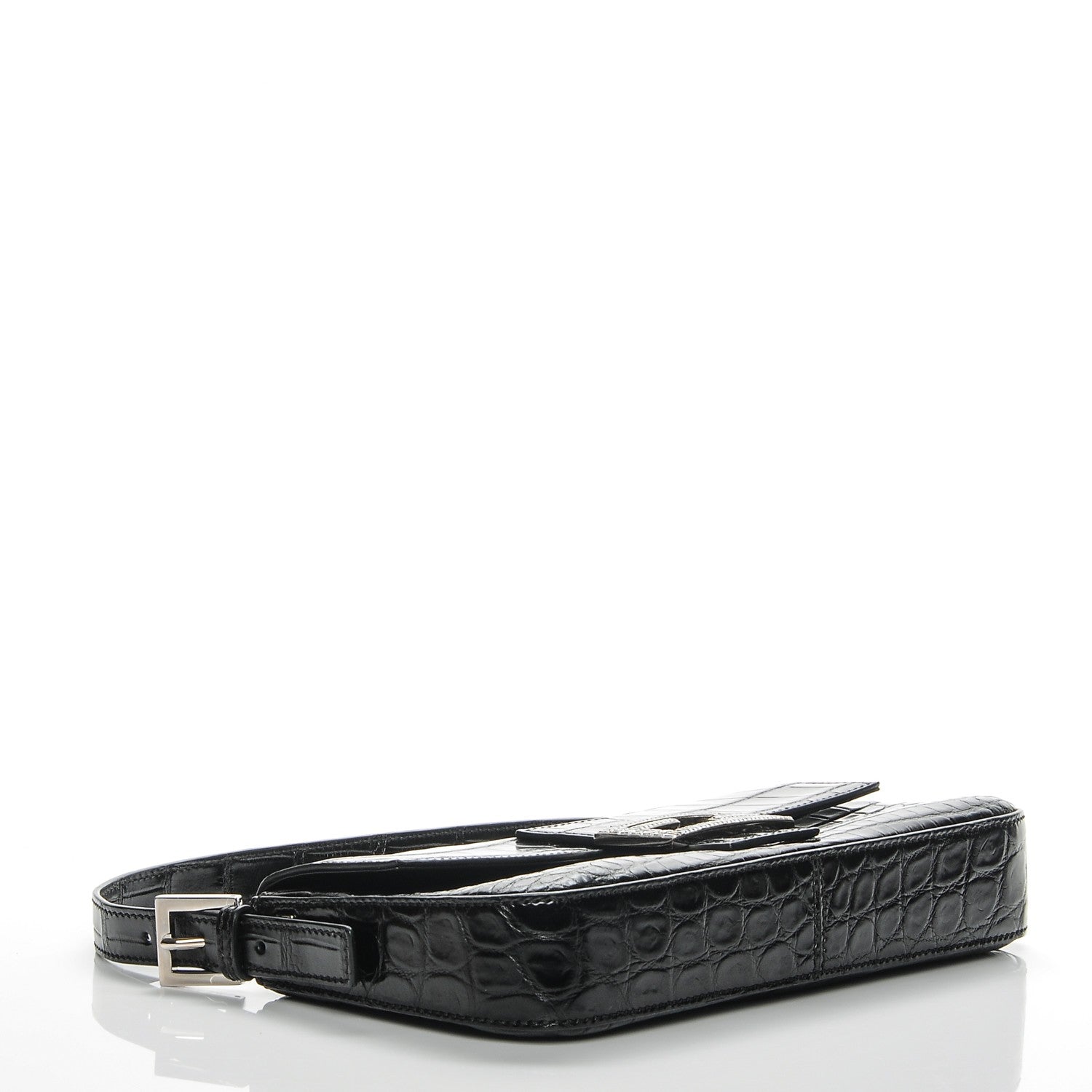 Fendi Calfskin Crocodile Embossed Crystal Baguette Black 4 of 6