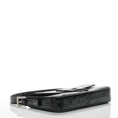 Fendi Calfskin Crocodile Embossed Crystal Baguette Black 4 of 6