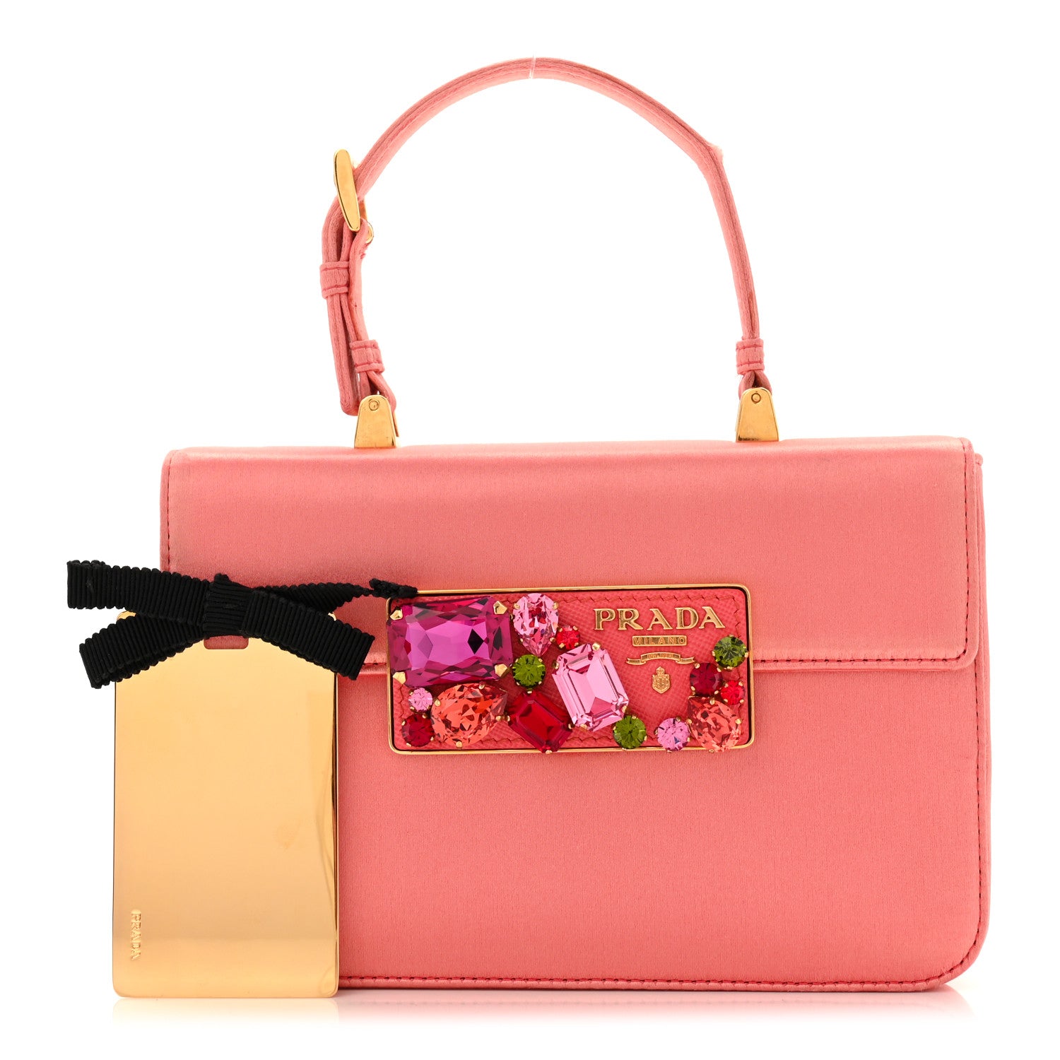 Prada Satin Raso Stones Embellished Top Handle Bag Corallo 1801903