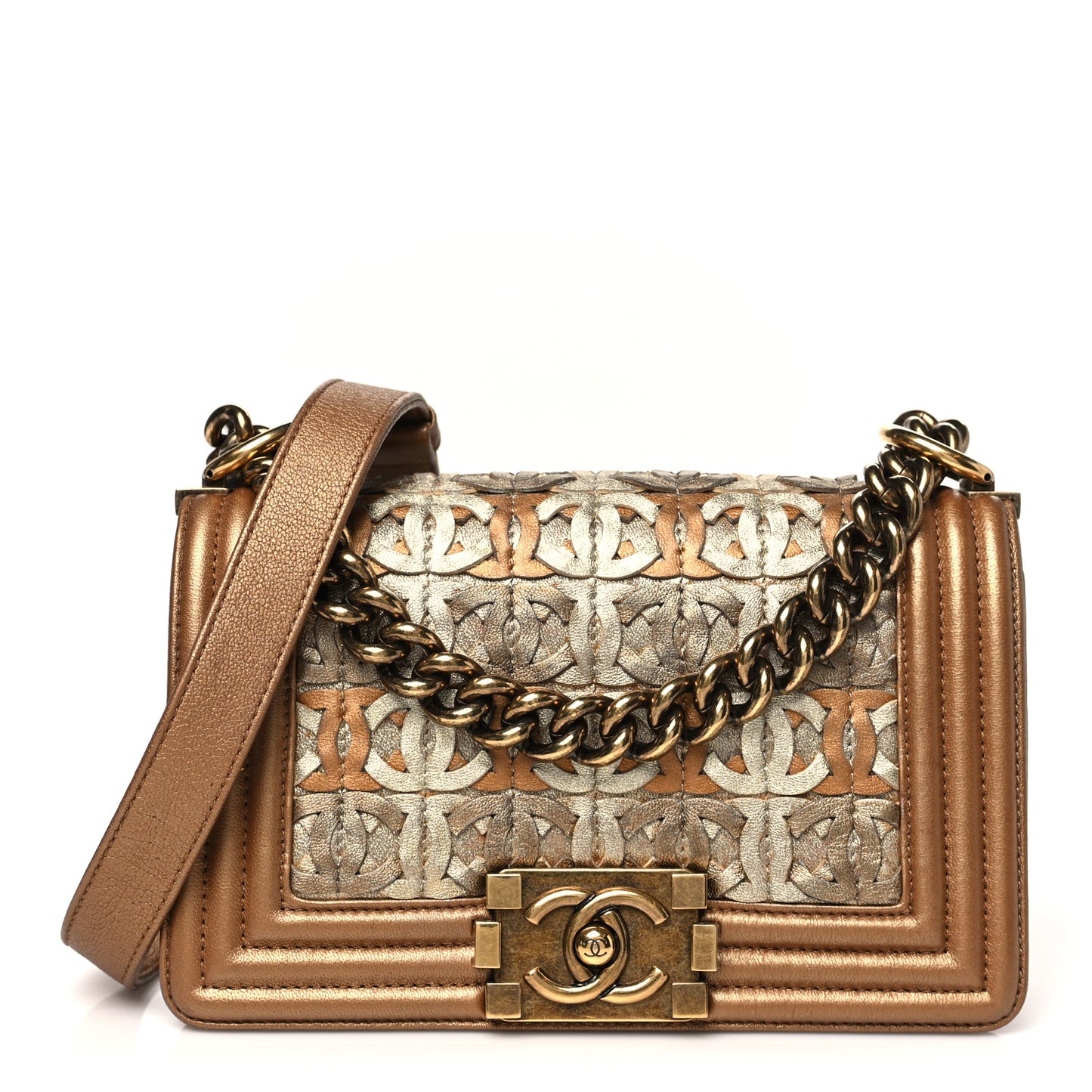Metallic Lambskin Small Golden CC Boy Flap Dark Gold