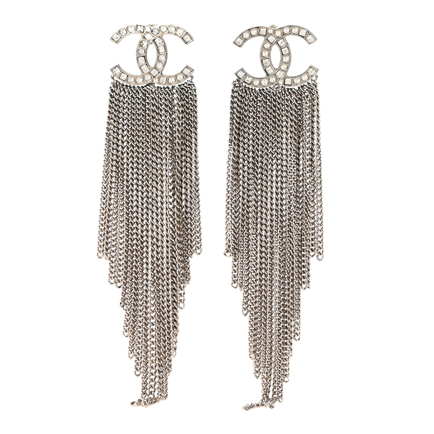 Baguette Crystal CC Chain Drop Earrings Silver