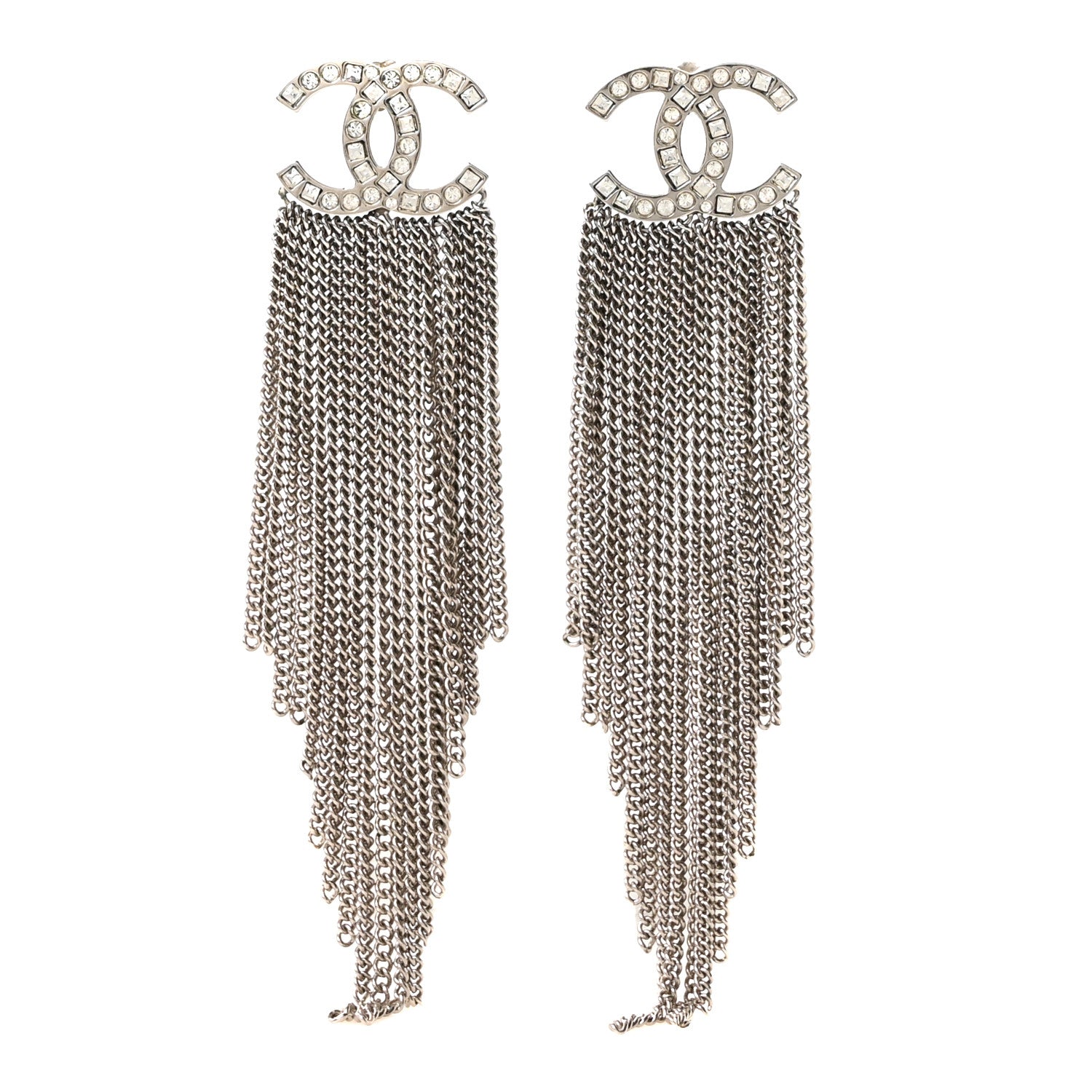 Chanel Baguette Crystal CC Chain Drop Earrings Silver 1 of 5