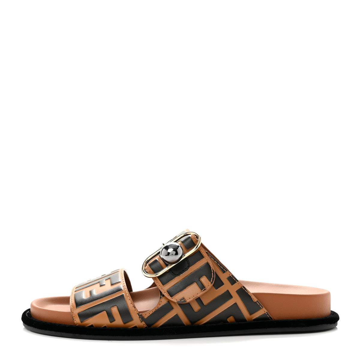 Fendi Calfskin FF Embossed Pearland Slide Sandals 37.5 Tobacco Moro 1 of 8