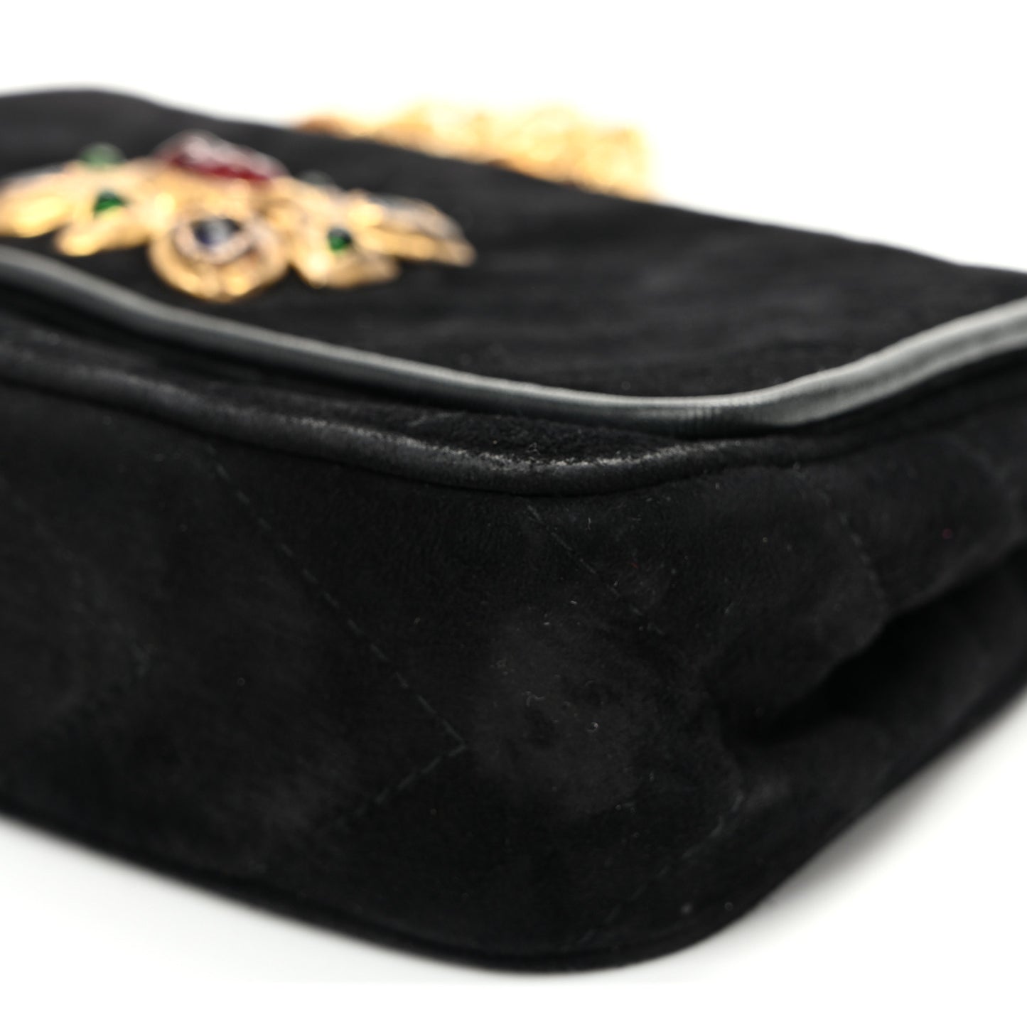 Suede Chevron Gripoix Quilted Flap Black