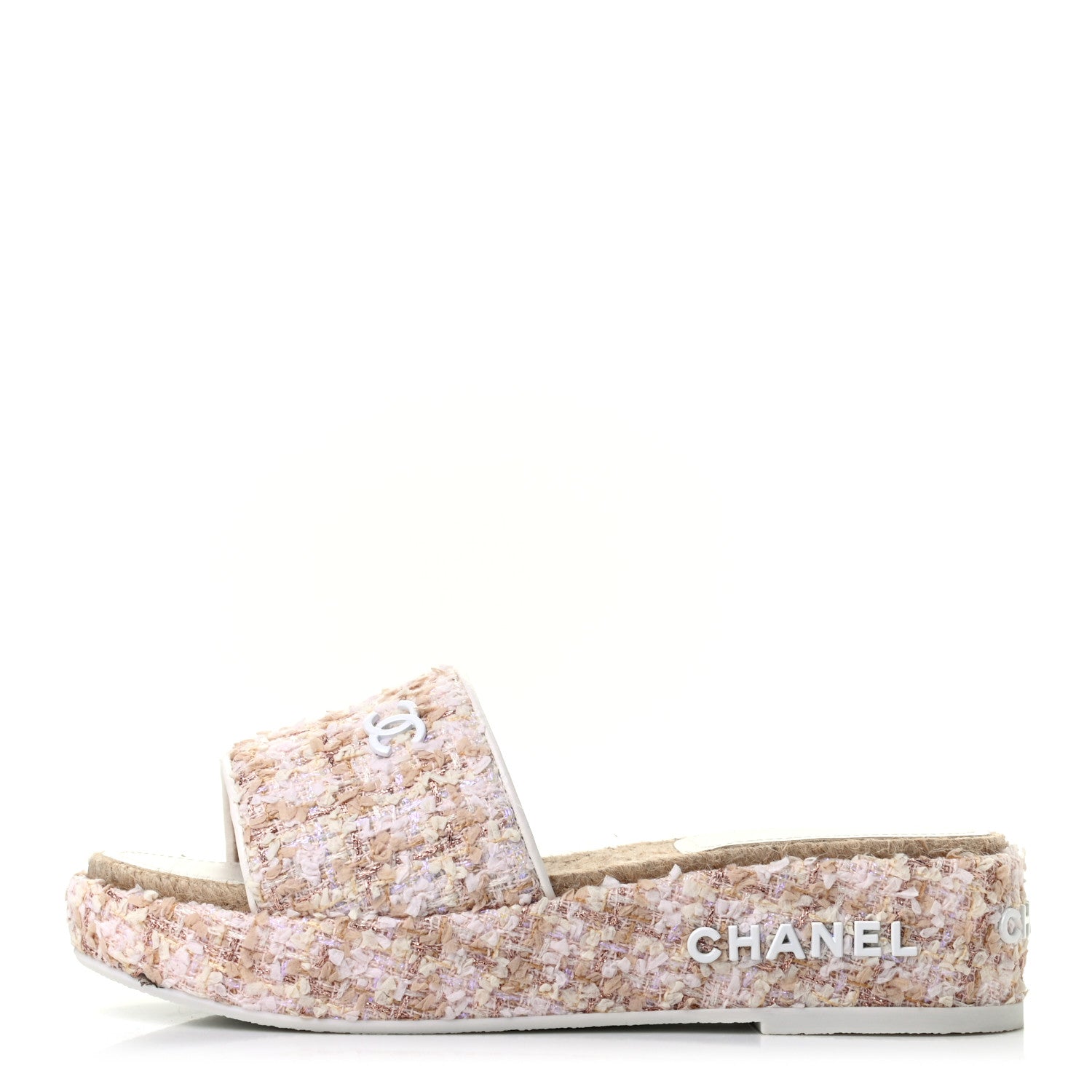Chanel Tweed CC Platform Mule Sandal 35 Beige Pink 1 of 8