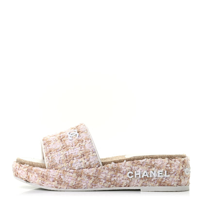 Chanel Tweed CC Platform Mule Sandal 35 Beige Pink 1 of 8