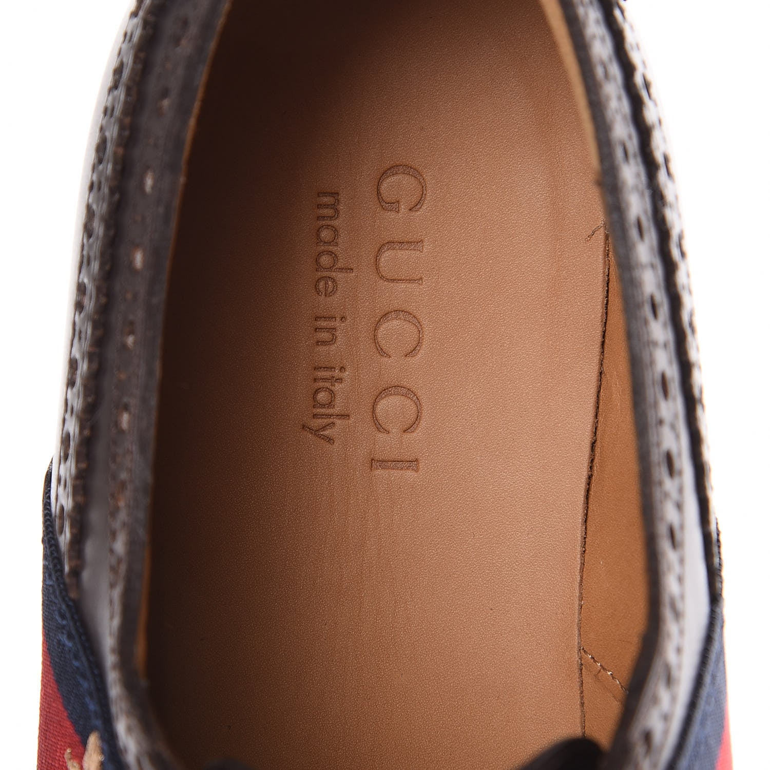 Gucci Calfskin Web Bee Embroidered Mens Slip-On Brogue Wingtip Derby Shoes 7.5 Cocoa 7 of 11