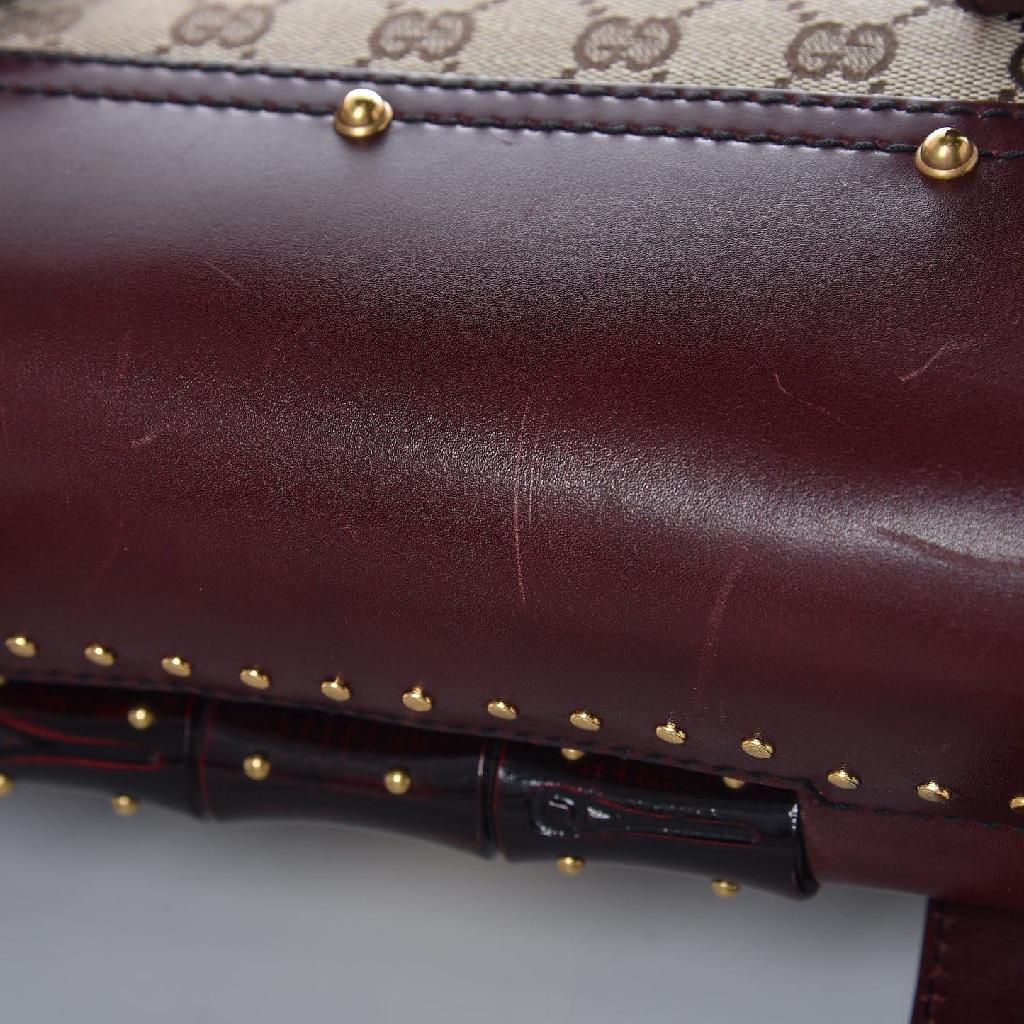 Monogram Studded Bamboo Bullet Satchel Burgundy