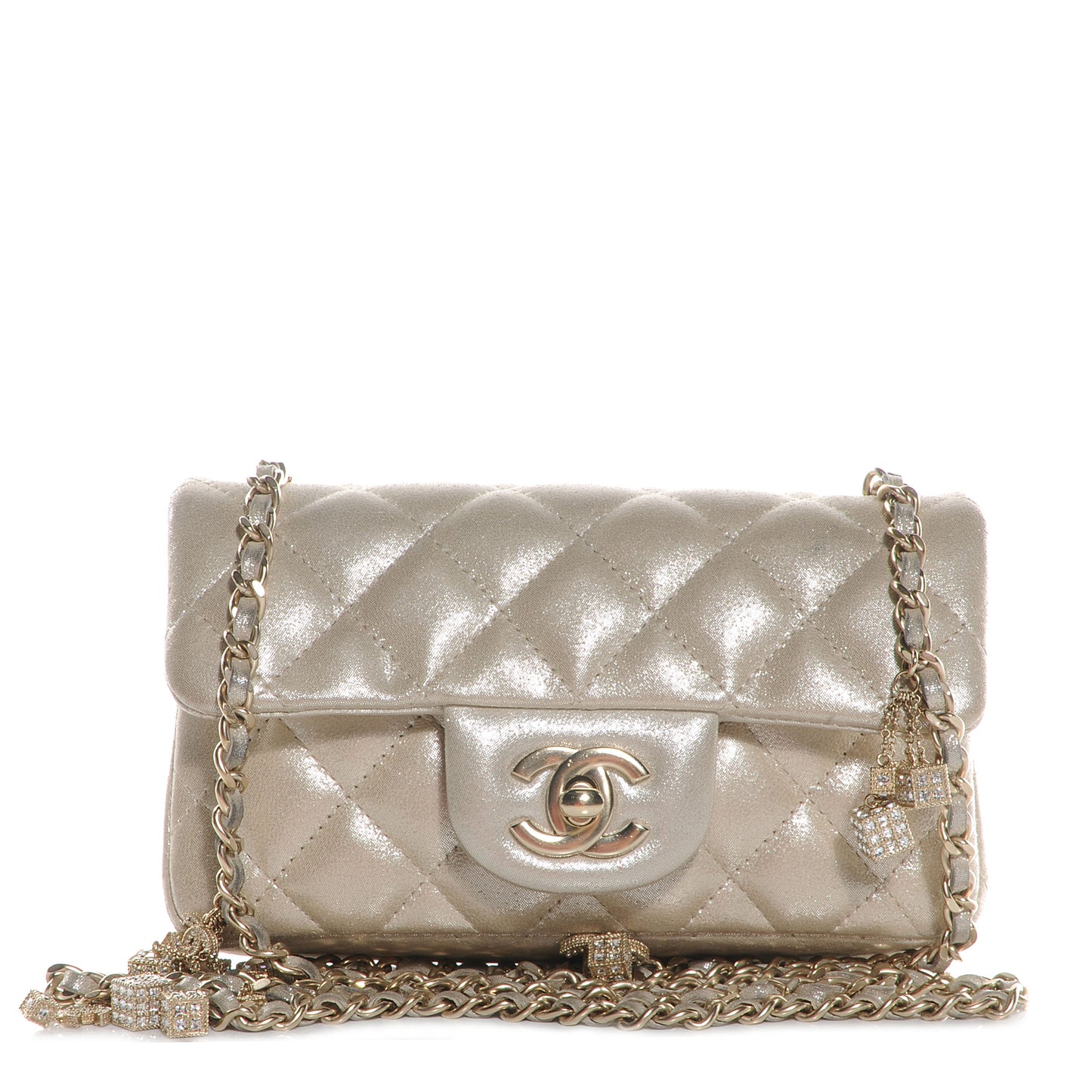 Iridescent Calfskin Crystal Dice Charm Mini Flap Metallic Gold