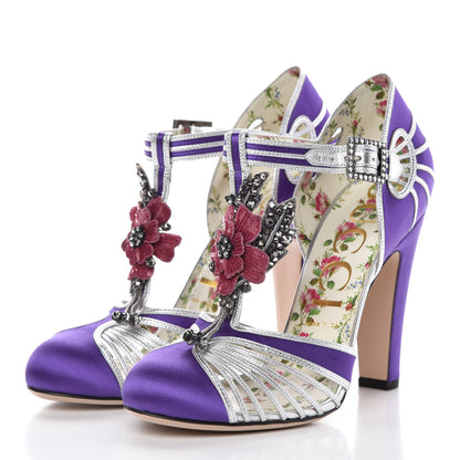 Gucci Nappa Silk Mariska Embellished T-Strap Pumps 40 Purple 3 of 8