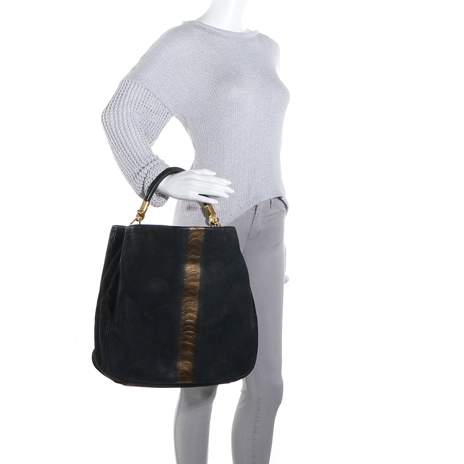 Saint Laurent Ostrich Stamped Nubuck Large Roady Hobo Black 2 of 8