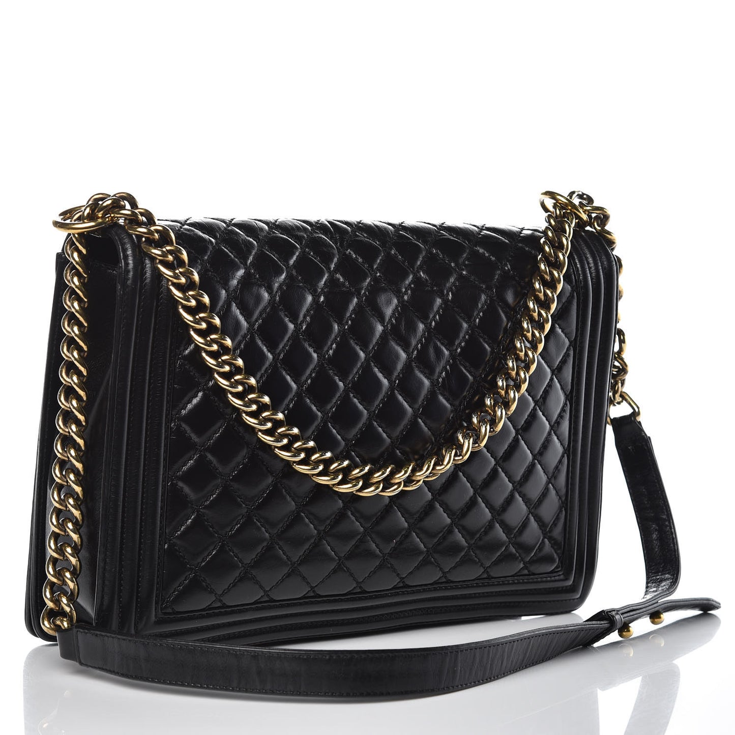 Glazed Calfskin Quilted Large Boy Flap Black