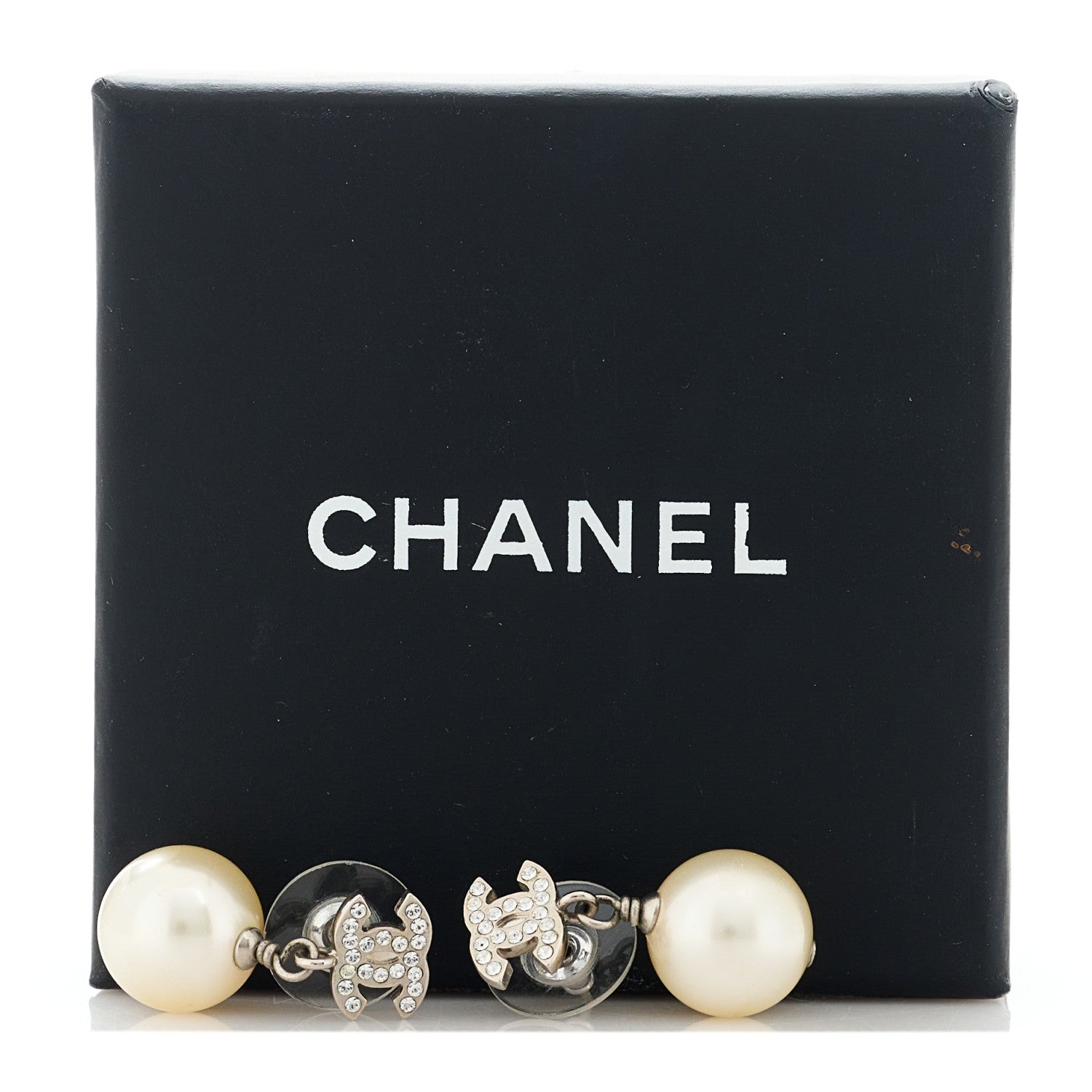 Chanel Crystal Pearl CC Drop Earrings Silver Pearly White 5 of 5