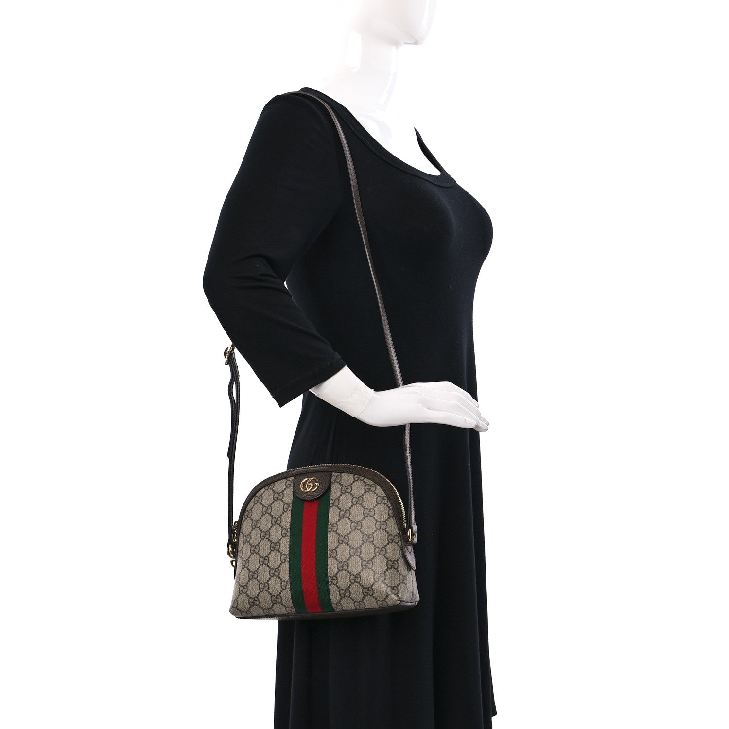 Gucci GG Supreme Monogram Textured Dollar Calfskin Web Small Ophidia Dome Shoulder Bag Beige Ebony New Acero 2 of 10