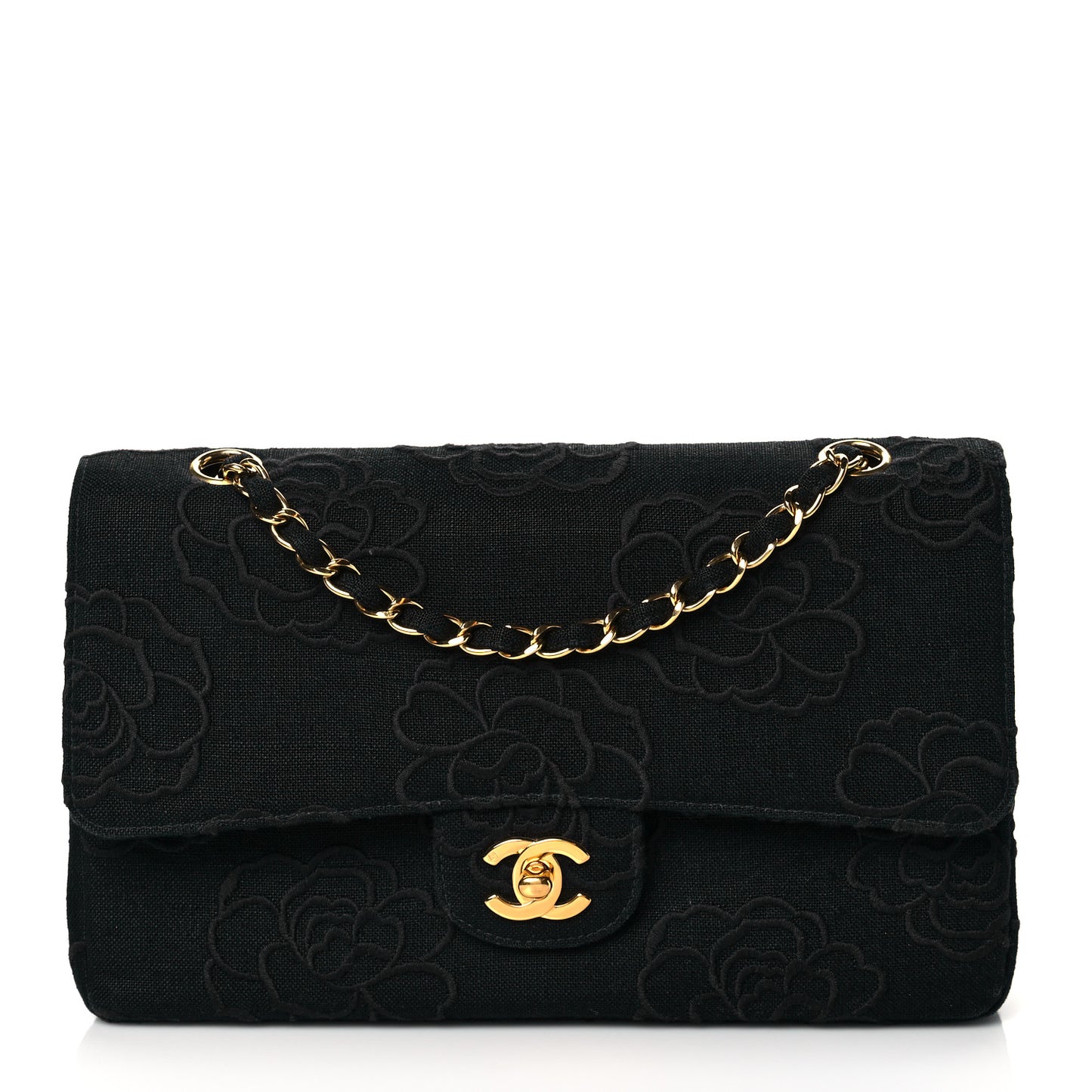 Canvas Camellia Embroidered Medium Double Flap Black