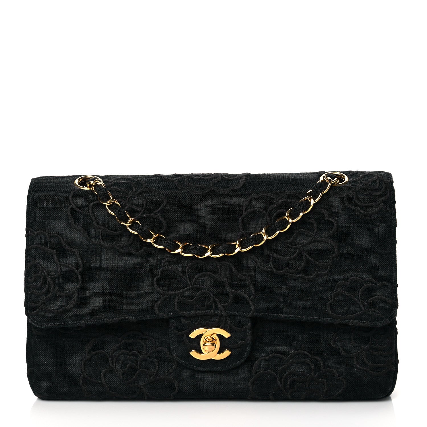 Chanel Canvas Camellia Embroidered Medium Double Flap Black 1 of 10