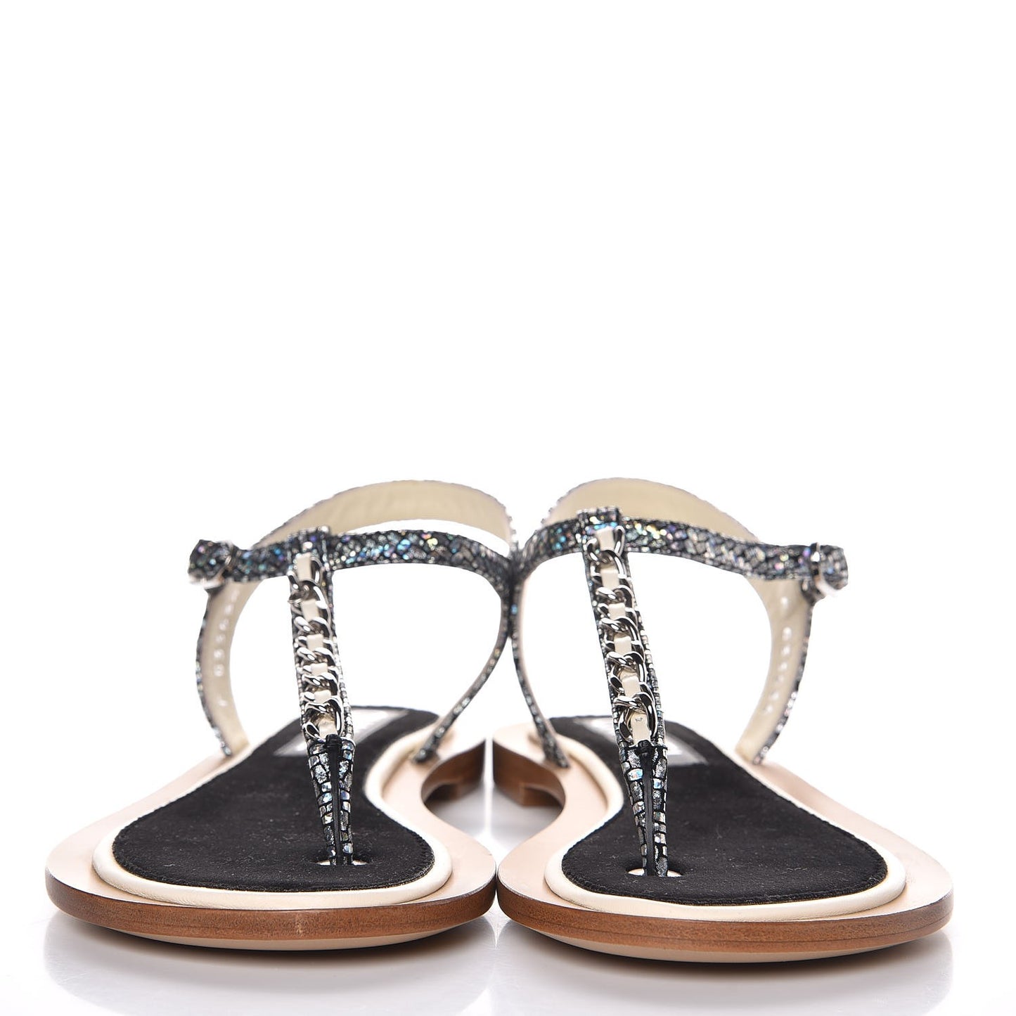 Goatskin Velvet Fantasy CC Chain Thong Sandals 36.5 Silver Ivory
