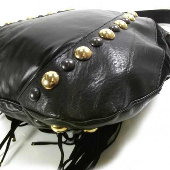 Leather Suede Fringe Babouska Hobo Black
