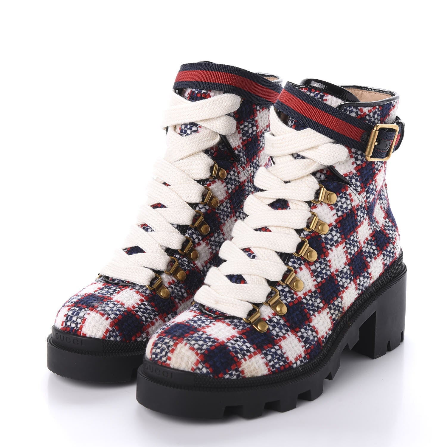 Gucci Vintage Tweed Check Lace Up Combat Ankle Boots 37.5 White Hibiscus Red Marine 3 of 9