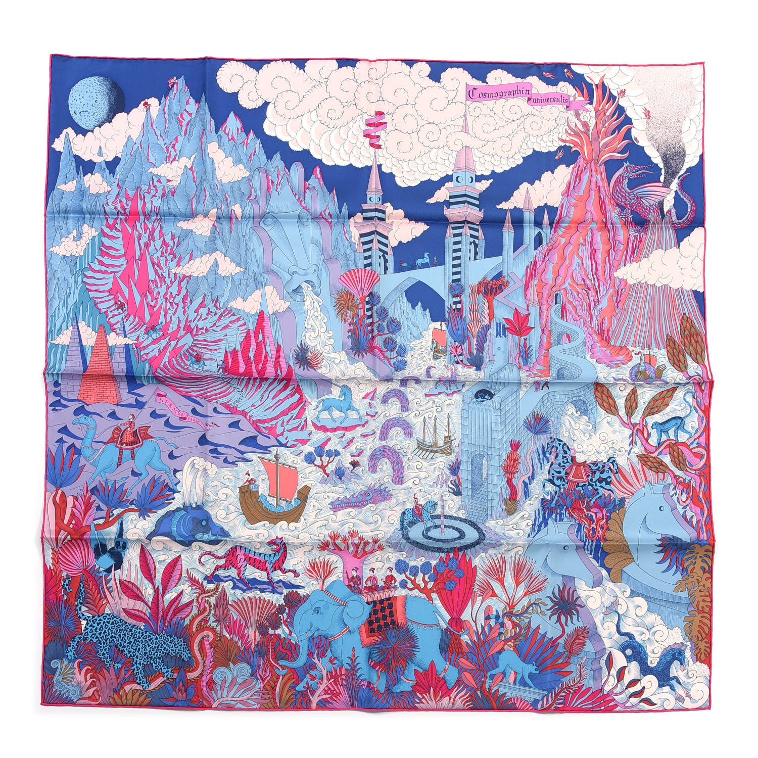 Hermes Silk Cosmographia Universalis Scarf 90 Bleu Jean Rose Vif 1 of 4