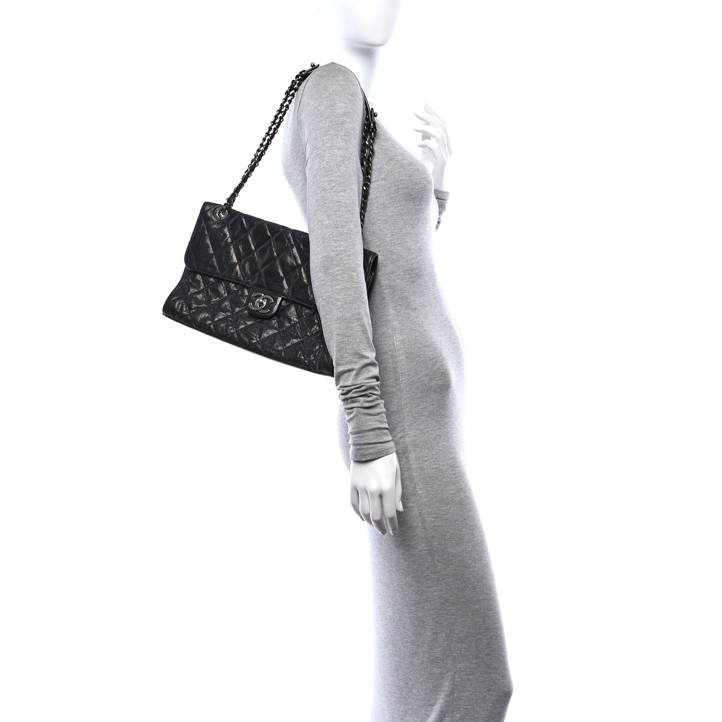 Crumpled Grained Calfskin Jumbo CC Crave Flap Black