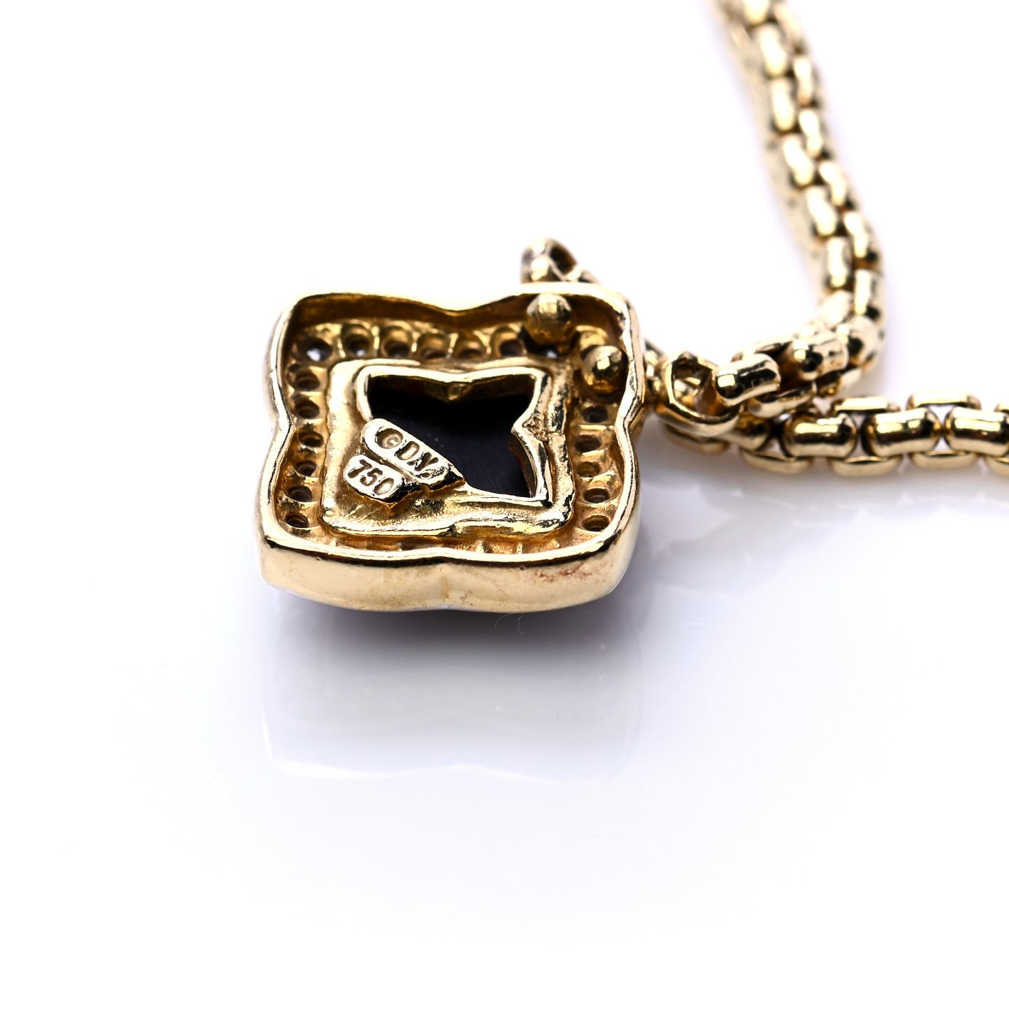 18K Yellow Gold Diamond Black Onyx Carved Quatrefoil Necklace