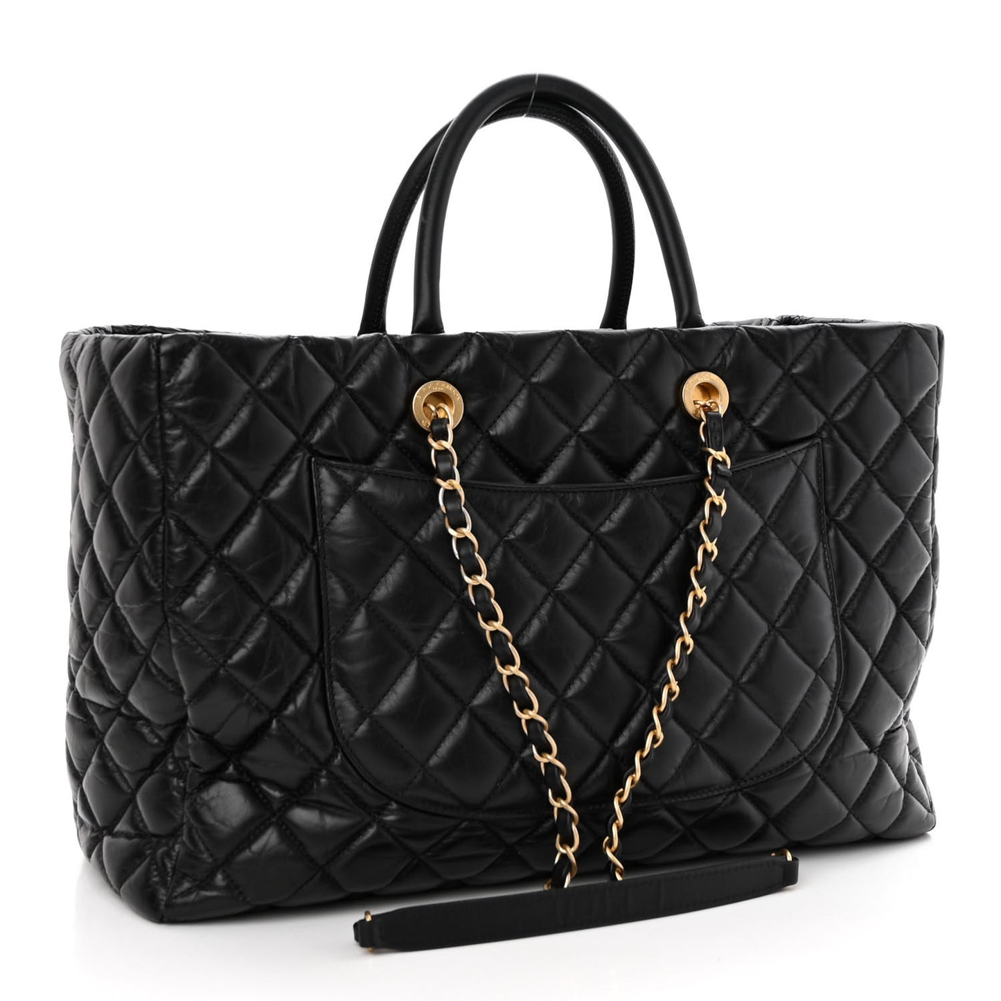 Aged Calfskin Quilted Large Coco Handle Shopping Tote Black