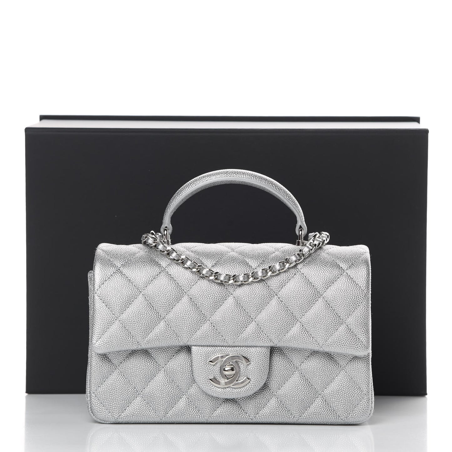 Metallic Caviar Quilted Mini Top Handle Rectangular Flap Silver
