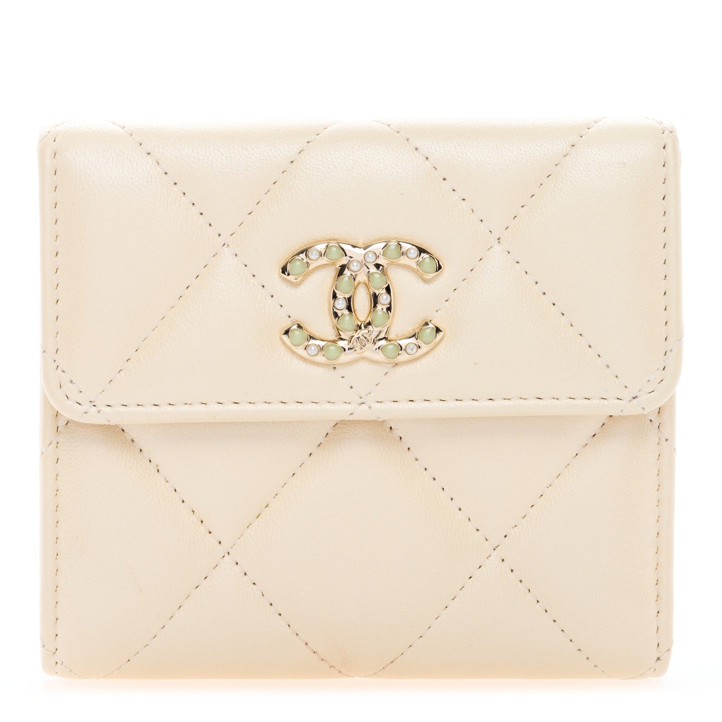 Iridescent Calfskin Quilted Compact Flap Wallet Beige