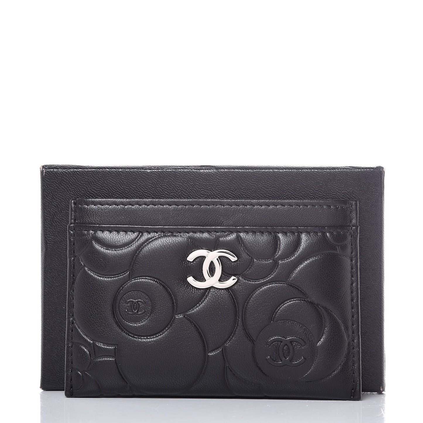 Lambskin Camellia Embossed Card Holder Black